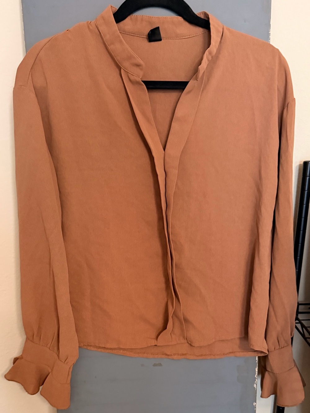SHEIN Rust Brown Long Sleeve V-Neck Blouse